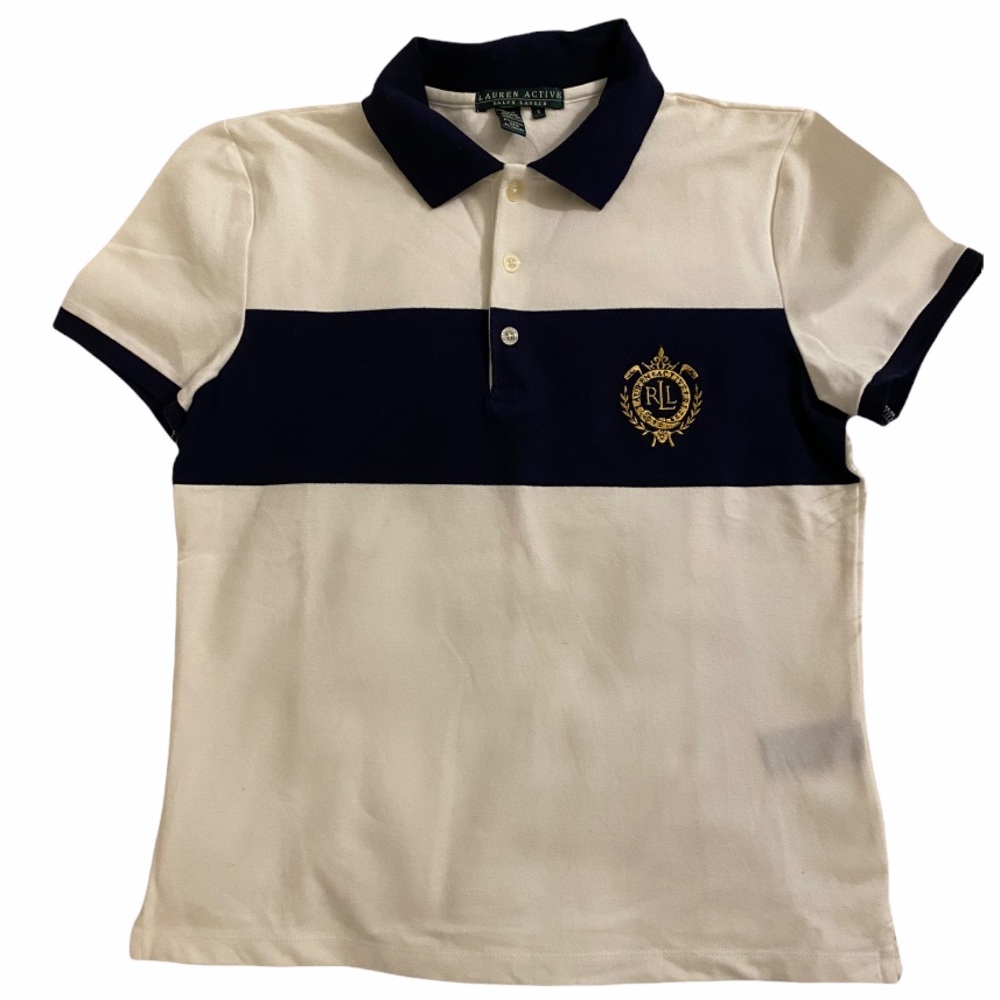 LAUREN ACTIVE by RALPH LAUREN Women’s White with Navy Stripe Polo. Size: S